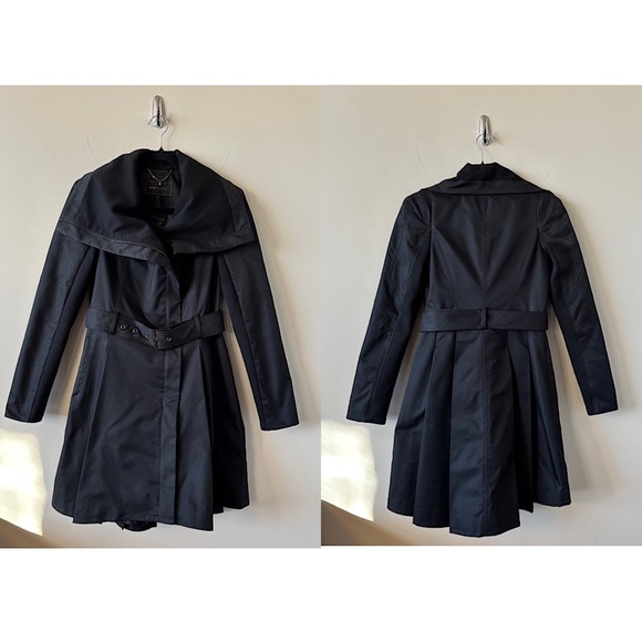 BCBGMaxAzria Jackets & Blazers - BCBGMaxazria-Black Pleated Back Nylon Belted Trench Coat (Size:XS)